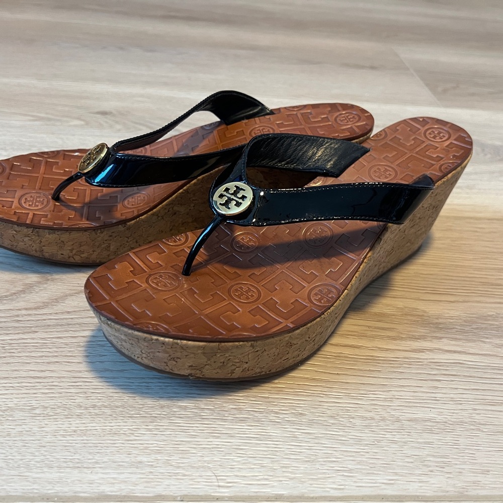 Tory Burch Black and Tan Wedge Sandals